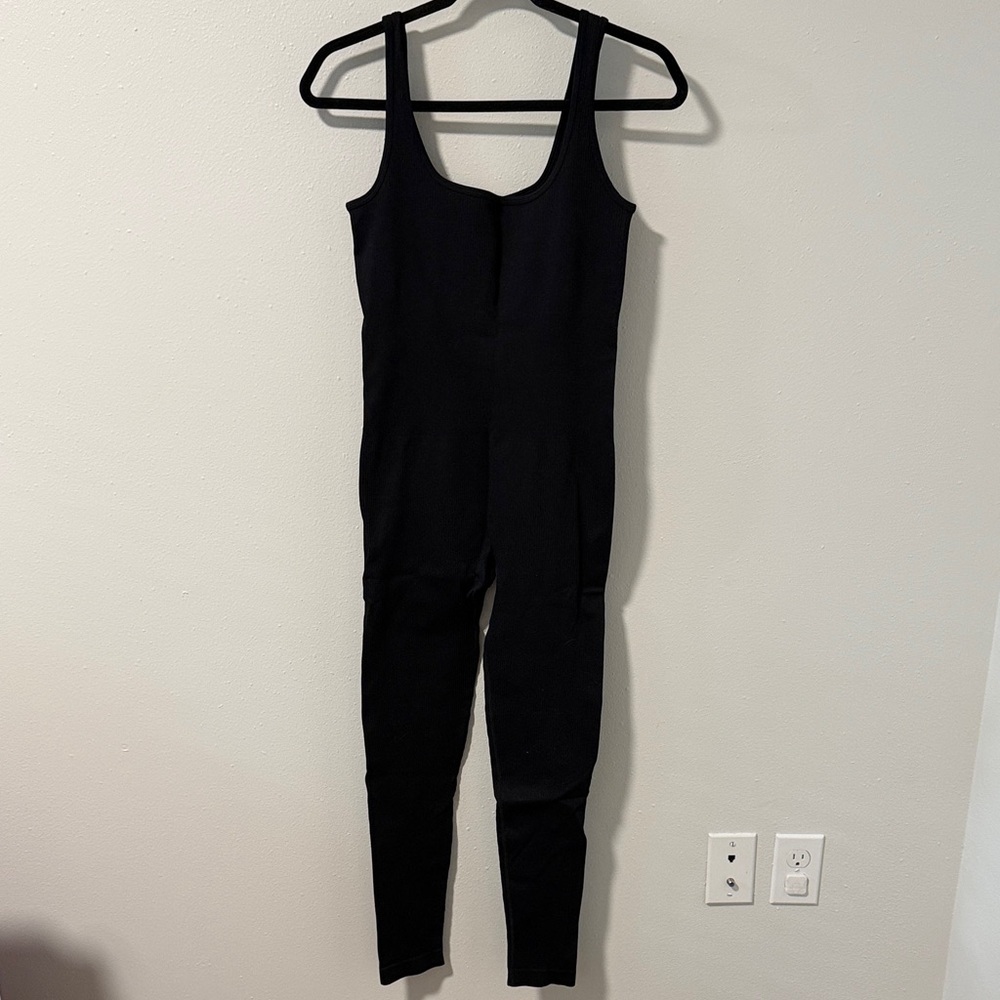 Black Ribbed Women's Workout Jumpsuit